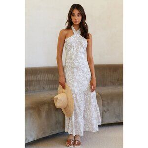 Fortunate One Game of Love Maxi dress halter strap white tan tropical XS NWT